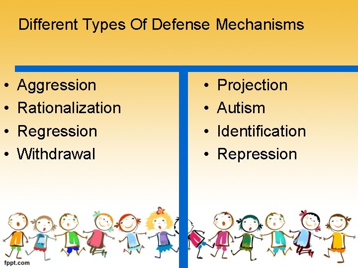 Different Types Of Defense Mechanisms • • Aggression Rationalization Regression Withdrawal • • Projection