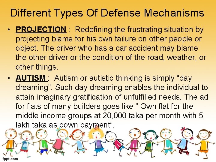 Different Types Of Defense Mechanisms • PROJECTION : Redefining the frustrating situation by projecting