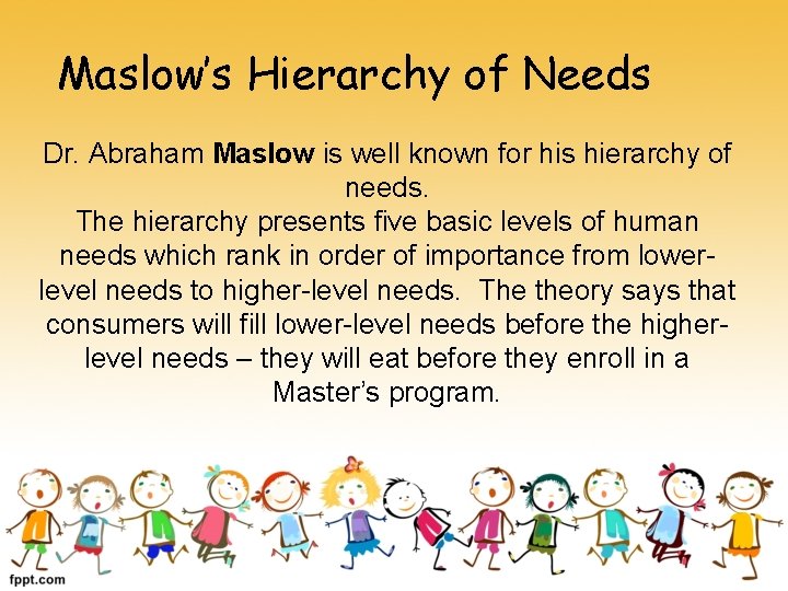 Maslow’s Hierarchy of Needs Dr. Abraham Maslow is well known for his hierarchy of