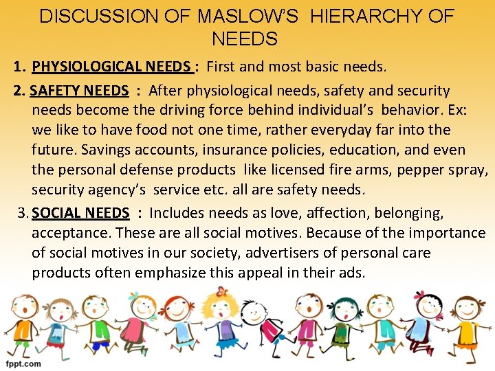 DISCUSSION OF MASLOW’S HIERARCHY OF NEEDS 1. PHYSIOLOGICAL NEEDS : First and most basic