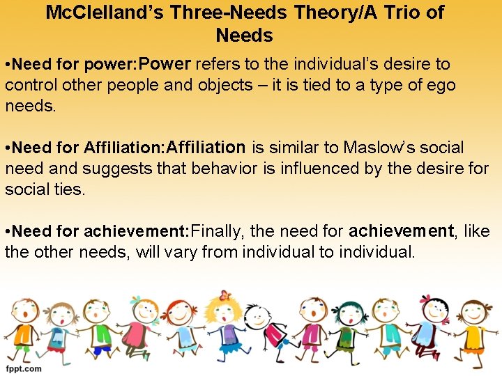 Mc. Clelland’s Three-Needs Theory/A Trio of Needs • Need for power: Power refers to