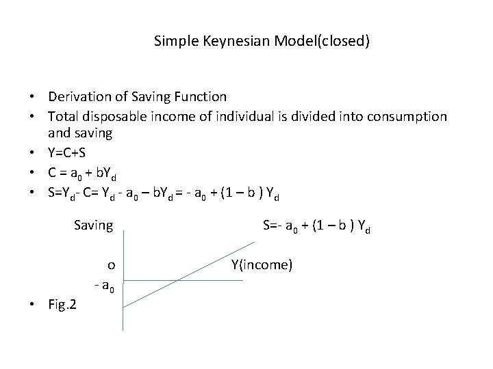 Simple Keynesian Model(closed) • Derivation of Saving Function • Total disposable income of individual