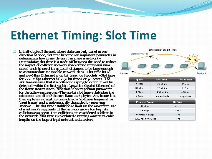 Ethernet Timing: Slot Time � In half-duplex Ethernet, where data can only travel in