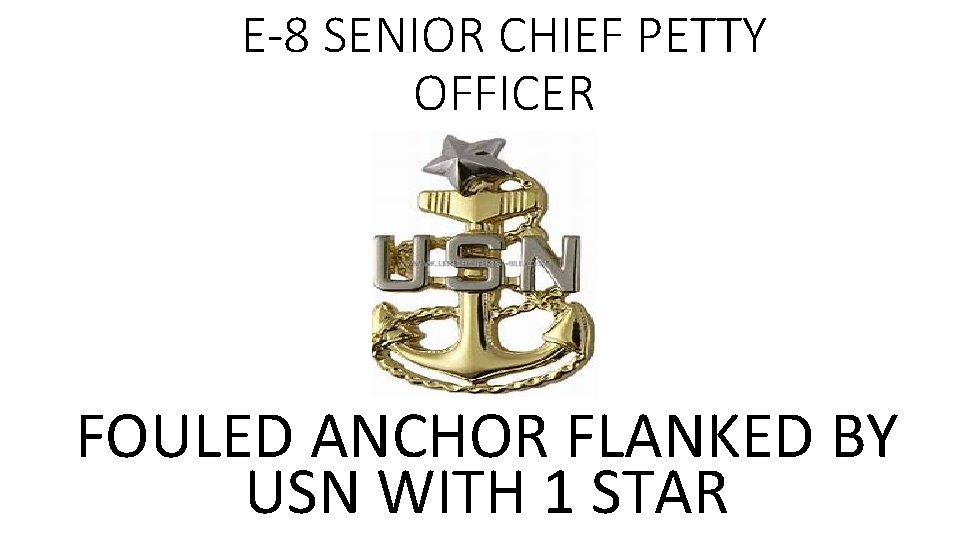 E-8 SENIOR CHIEF PETTY OFFICER FOULED ANCHOR FLANKED BY USN WITH 1 STAR 
