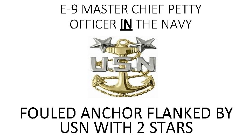 E-9 MASTER CHIEF PETTY OFFICER IN THE NAVY FOULED ANCHOR FLANKED BY USN WITH