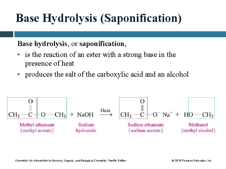 Base Hydrolysis (Saponification) Base hydrolysis, or saponification, • is the reaction of an ester