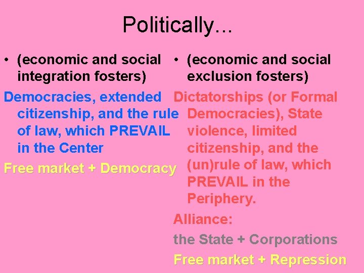 Politically. . . • (economic and social integration fosters) exclusion fosters) Democracies, extended Dictatorships