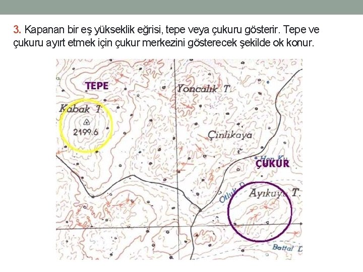 3. Kapanan bir eş yükseklik eğrisi, tepe veya çukuru gösterir. Tepe ve çukuru ayırt