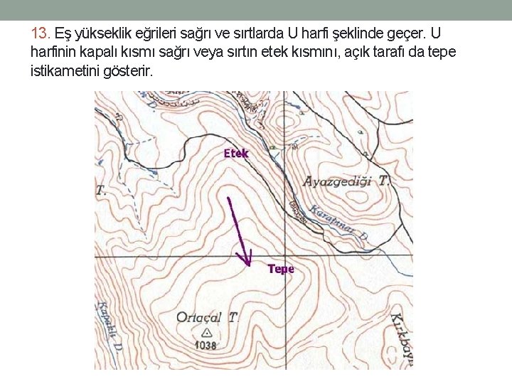 13. Eş yükseklik eğrileri sağrı ve sırtlarda U harfi şeklinde geçer. U harfinin kapalı