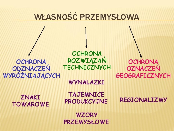 WŁASNOŚĆ PRZEMYSŁOWA OCHRONA ODZNACZEŃ WYRÓŻNIAJĄCYCH ZNAKI TOWAROWE OCHRONA ROZWIĄZAŃ TECHNICZNYCH WYNALAZKI TAJEMNICE PRODUKCYJNE WZORY