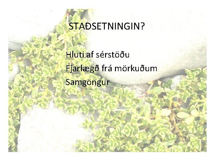 STAÐSETNINGIN? Hluti af sérstöðu Fjarlægð frá mörkuðum Samgöngur 