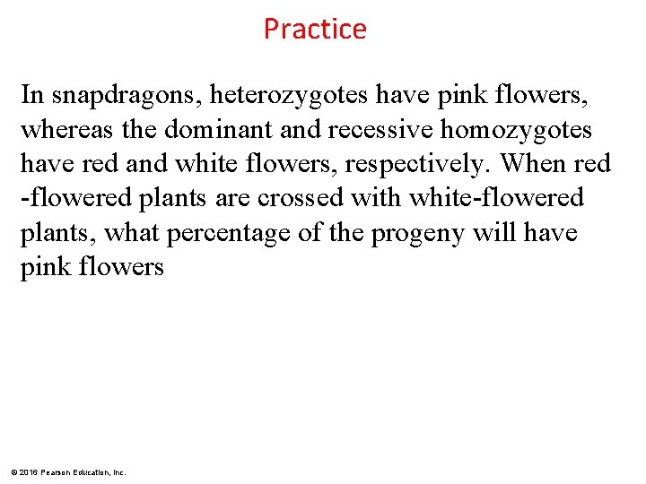 Practice In snapdragons, heterozygotes have pink flowers, whereas the dominant and recessive homozygotes have