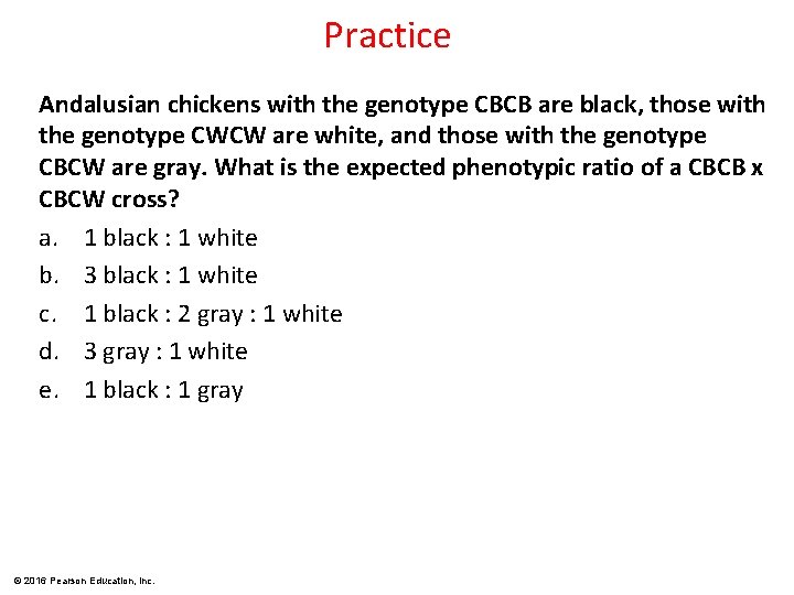 Practice Andalusian chickens with the genotype CBCB are black, those with the genotype CWCW