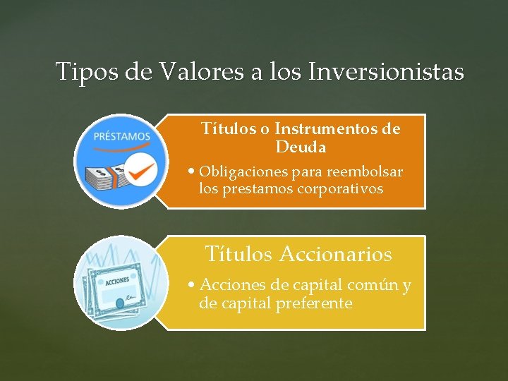 Tipos de Valores a los Inversionistas Títulos o Instrumentos de Deuda • Obligaciones para