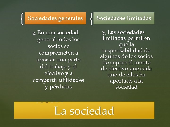 { Sociedades generales En una sociedad general todos los socios se comprometen a aportar