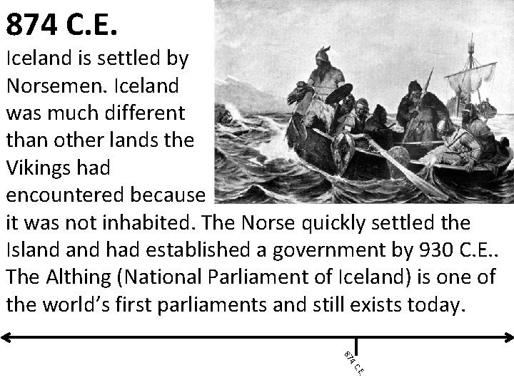 874 C. E. Iceland is settled by Norsemen. Iceland was much different than other