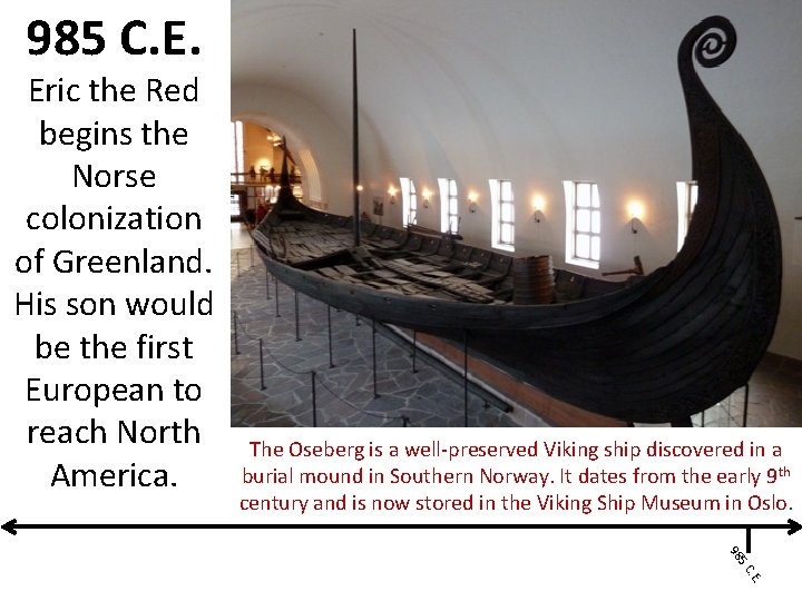 985 C. E. Eric the Red begins the Norse colonization of Greenland. His son