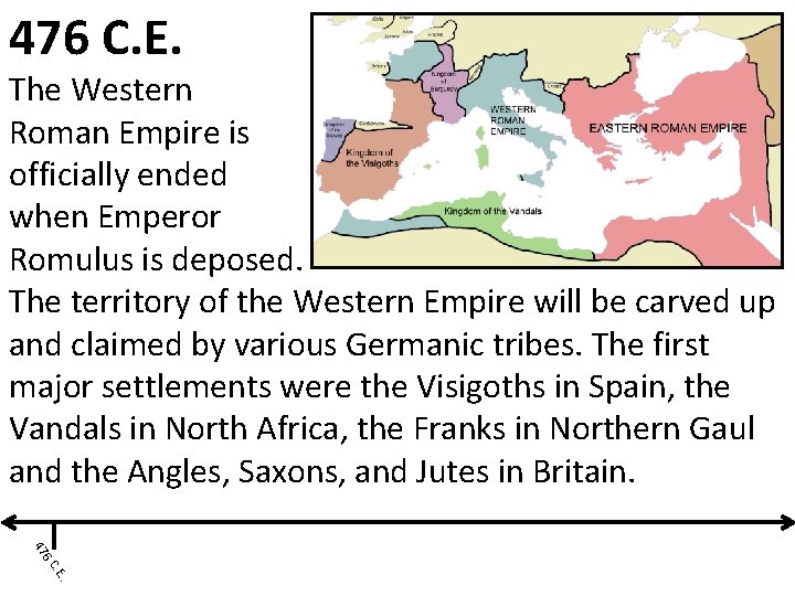 476 C. E. The Western Roman Empire is officially ended when Emperor Romulus is