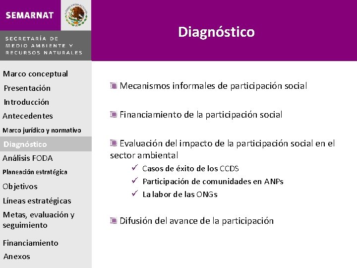 Diagnóstico Marco conceptual Presentación Mecanismos informales de participación social Introducción Antecedentes Financiamiento de la