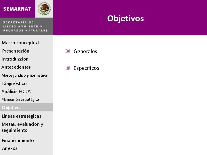 Objetivos Marco conceptual Presentación Generales Introducción Antecedentes Marco jurídico y normativo Diagnóstico Análisis FODA