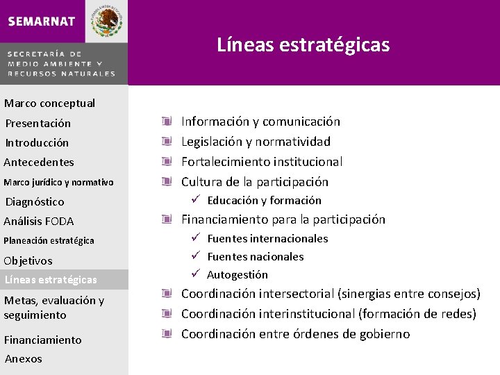 Líneas estratégicas Marco conceptual Presentación Introducción Antecedentes Marco jurídico y normativo Diagnóstico Análisis FODA