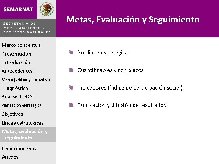 Metas, Evaluación y Seguimiento Marco conceptual Presentación Por línea estratégica Introducción Antecedentes Cuantificables y