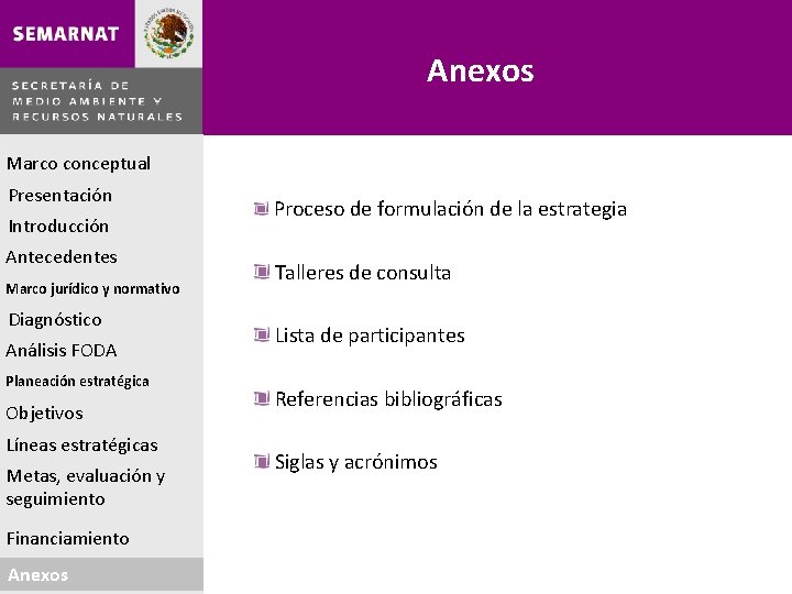 Anexos Marco conceptual Presentación Introducción Antecedentes Marco jurídico y normativo Diagnóstico Análisis FODA Planeación