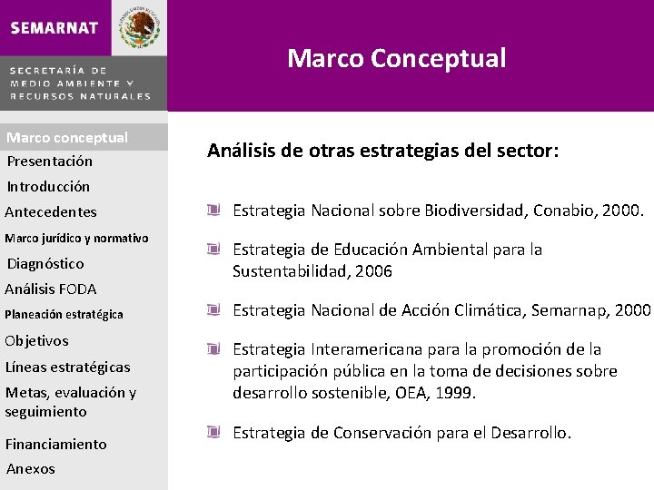 Marco Conceptual Marco conceptual Presentación Análisis de otras estrategias del sector: Introducción Antecedentes Marco