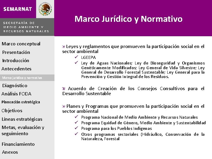 Marco Jurídico y Normativo Marco conceptual Presentación Introducción Antecedentes Marco jurídico y normativo Diagnóstico