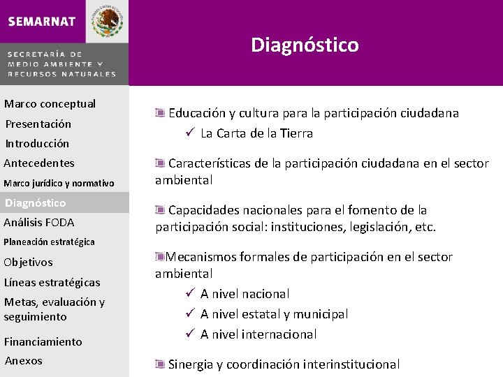 Diagnóstico Marco conceptual Presentación Introducción Antecedentes Marco jurídico y normativo Diagnóstico Análisis FODA Educación