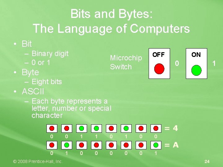Bits and Bytes: The Language of Computers • Bit – Binary digit – 0