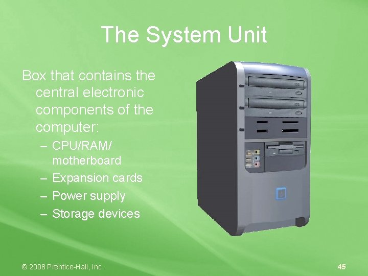 The System Unit Box that contains the central electronic components of the computer: –