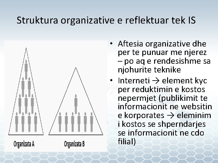 Struktura organizative e reflektuar tek IS • Aftesia organizative dhe per te punuar me