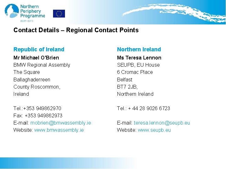 Contact Details – Regional Contact Points Republic of Ireland Northern Ireland Mr Michael O'Brien
