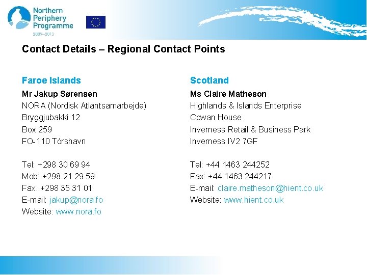 Contact Details – Regional Contact Points Faroe Islands Scotland Mr Jakup Sørensen NORA (Nordisk