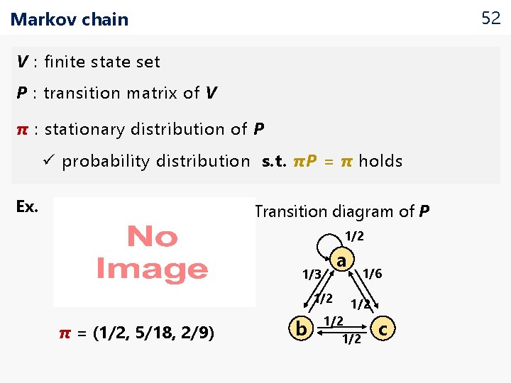 52 Markov chain V : finite state set P : transition matrix of V