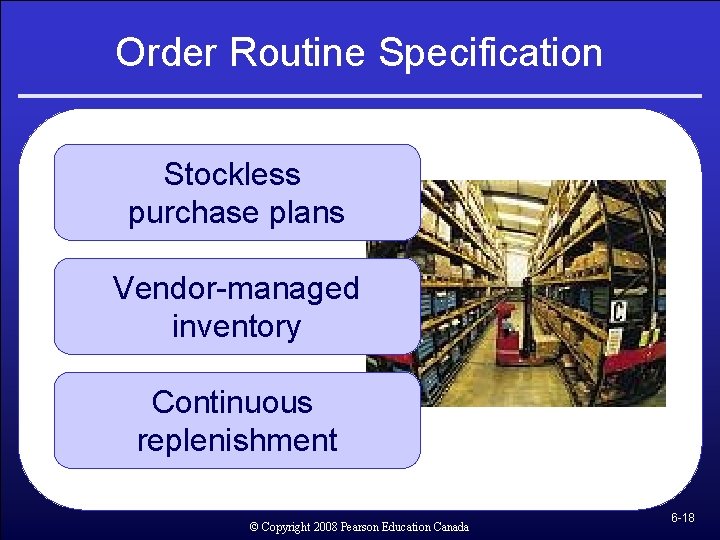 Order Routine Specification Stockless purchase plans Vendor-managed inventory Continuous replenishment © Copyright 2008 Pearson