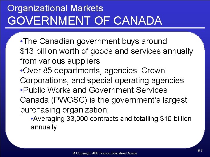 Organizational Markets GOVERNMENT OF CANADA • The Canadian government buys around $13 billion worth