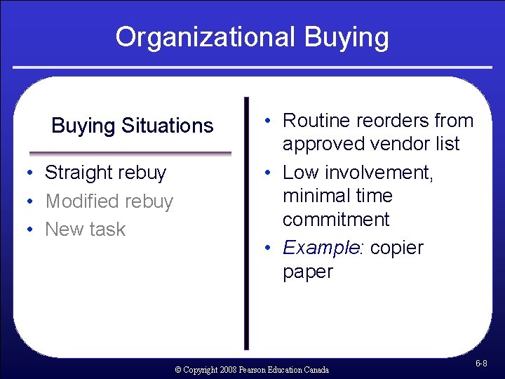 Organizational Buying Situations • Straight rebuy • Modified rebuy • New task • Routine