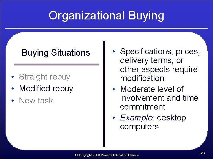 Organizational Buying Situations • Straight rebuy • Modified rebuy • New task • Specifications,