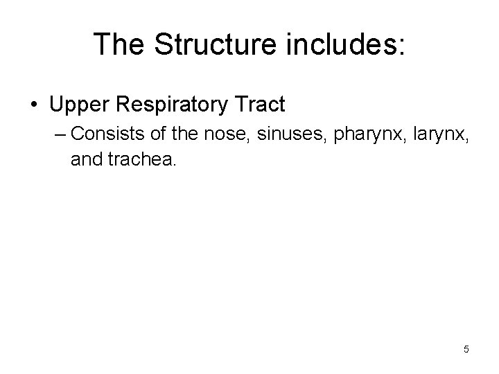 The Structure includes: • Upper Respiratory Tract – Consists of the nose, sinuses, pharynx,