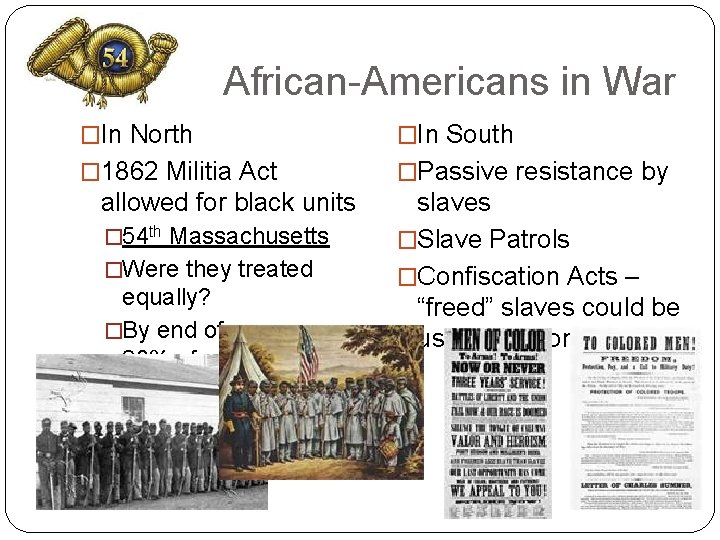 African-Americans in War �In North �In South � 1862 Militia Act �Passive resistance by African-Americans in War �In North �In South � 1862 Militia Act �Passive resistance by