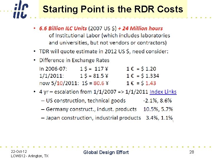 Starting Point is the RDR Costs 22 -Oct-12 LCWS 12 - Arlington, TX Global