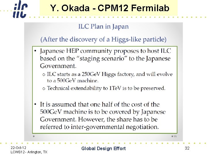 Y. Okada - CPM 12 Fermilab 22 -Oct-12 LCWS 12 - Arlington, TX Global