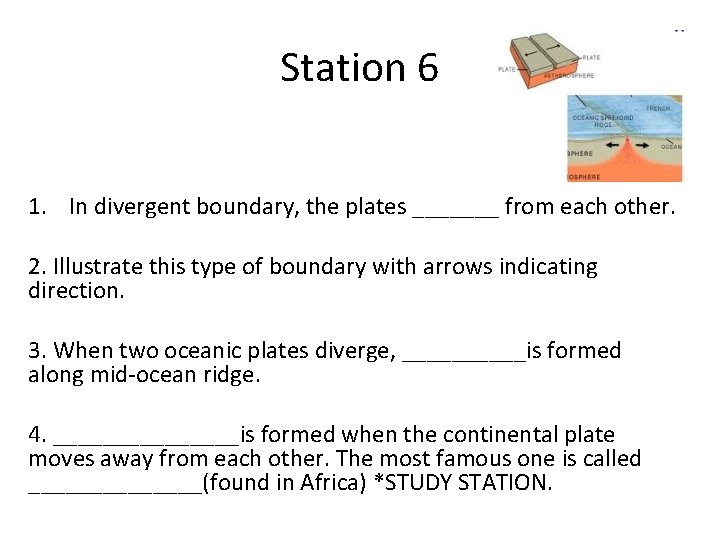 Station 6 1. In divergent boundary, the plates _______ from each other. 2. Illustrate