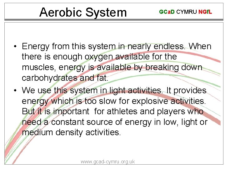 Aerobic System GCa. D CYMRU NGf. L • Energy from this system in nearly