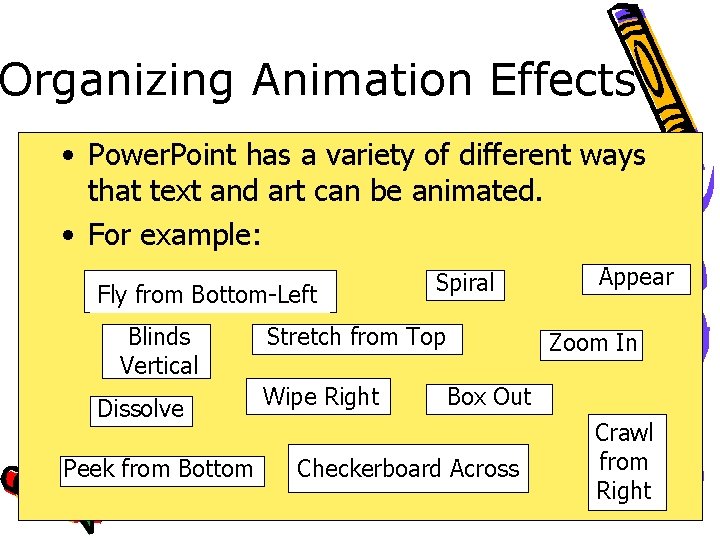 Organizing Animation Effects • Power. Point has a variety of different ways that text