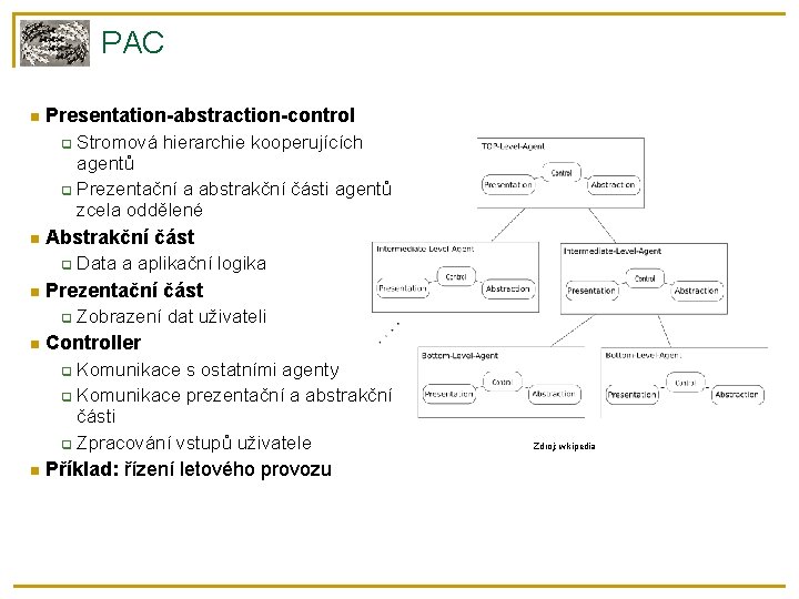 PAC Presentation-abstraction-control Stromová hierarchie kooperujících agentů Prezentační a abstrakční části agentů zcela oddělené Abstrakční