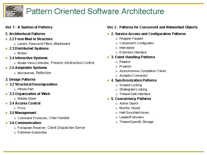 Pattern Oriented Software Architecture Vol. 1 - A System of Patterns Vol. 2 -
