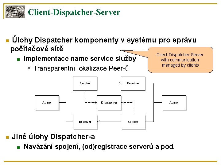 Client-Dispatcher-Server Úlohy Dispatcher komponenty v systému pro správu počítačové sítě ■ Implementace name service